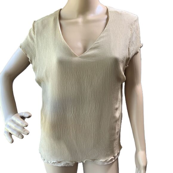 Merona Tan Scallopped Hem V-neck Silk Short Sleeve Balletcore Textured Blouse XL - Picture 1 of 12